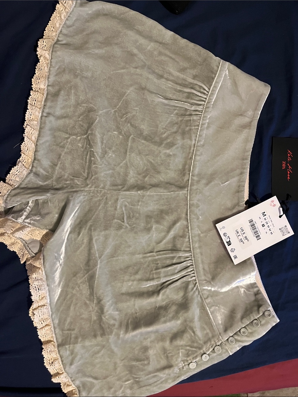 Zara Sage Green Velvet Lace-Trim Shorts Kate Moss collection